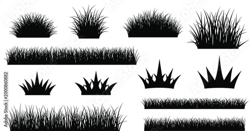 Grass silhouette set with various lawn borders bushes and wild foliage elements for landscaping and nature vector illustration