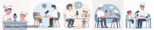 vector chef and little boy doing podcast