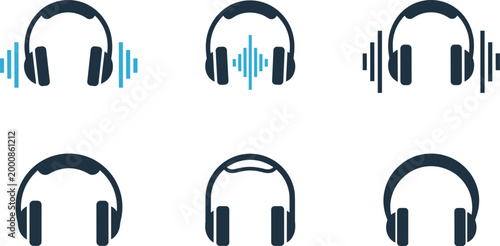 Headphones and audio waveform vector set featuring music listening icons sound technology and modern media elements