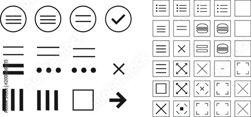 UI interface elements vector set including menu icons checkboxes lists buttons arrows and layout controls for design