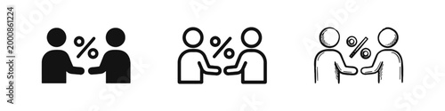 Business Partnership Negotiation and Discount Deal Icon Set with People Handshaking and Percent Sign