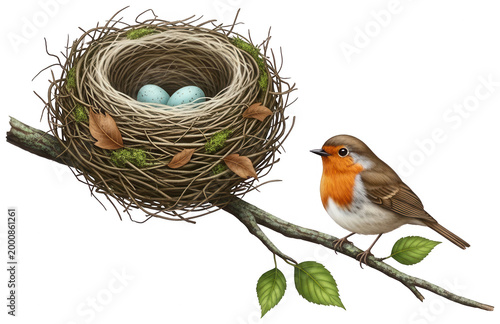 Realistic Bird illustration png Springtime Robin cutout Natural Nest png Small Bird cutout Hatching Eggs png Wildlife Fauna cutout Avian Sanctuary png New Life isolated transparent background image