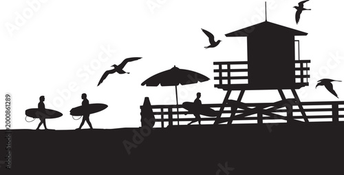 Surfers with boards near lifeguard tower vector illustration silhouette with seagulls at beach
