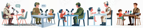 vector of soldier and little boy doing podcast