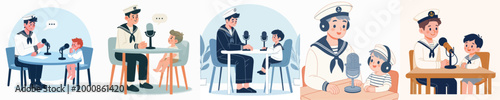 vector sailor and little boy doing podcast