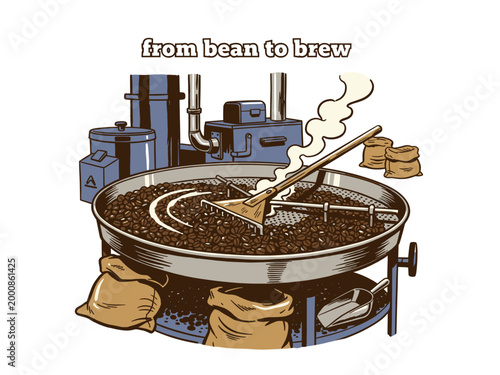 Coffee roasting machine with brown beans. From bean to brew vintage illustration. Artisan coffee production process. Industrial cafe background.