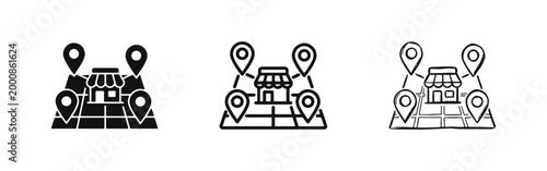 Retail Shop Location Map and Business Franchise Network Icon Set with Store and Map Pins