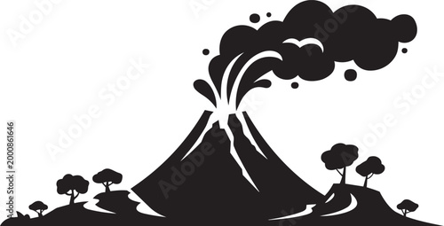Volcano eruption vector illustration with smoke and lava bursts with trees on hills with fire