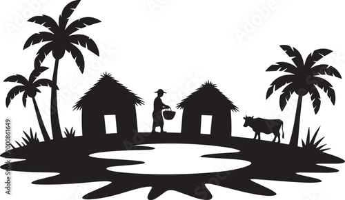 Tropical village scene vector illustration with huts and palm trees in silhouette style with rural