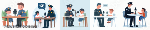 vector of police and little boy doing podcast