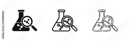 Laboratory Flask Scientific Research and Chemical Analysis Icon Set with Magnifying Glass and Molecule