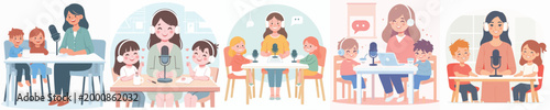 vector of woman and child doing podcast