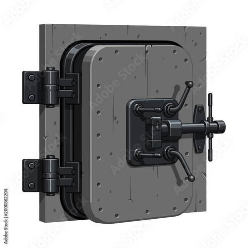Detailed vector illustration of a strong metal vault door with heavy duty locking mechanism and robust hinges