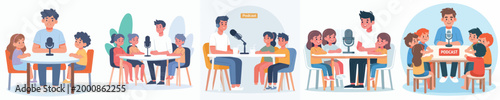 vector of young man and little boy doing podcast