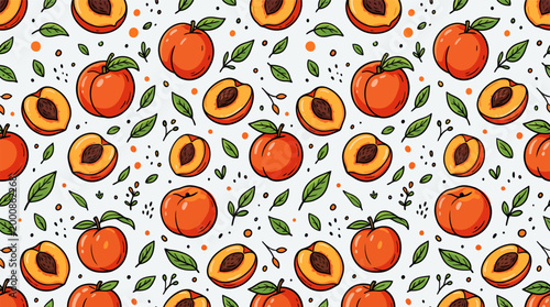 Seamless Peach Fruit Pattern with Whole Fruits and Slices for Summer Textile Design