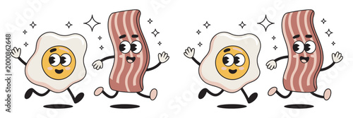 Retro cartoon bacon and fried egg characters giving high five, vintage mascot style food illustration, playful breakfast concept, clean vector design