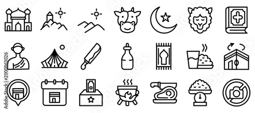 Eid al Adha  and Hajj Outline Icons Collection.Vector illustration