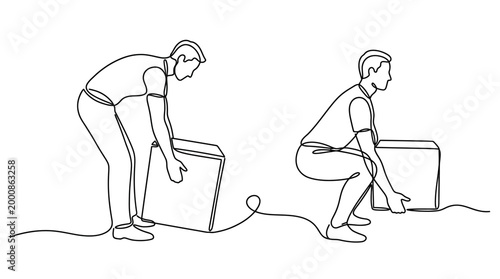 Continuous one line drawing of man lifting box correctly and incorrectly.