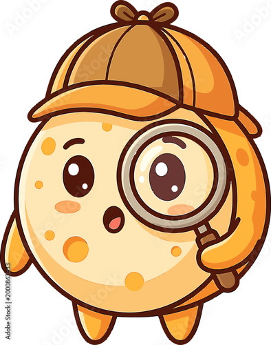 Cute detective cartoon character holding a magnifying glass with a surprised expression