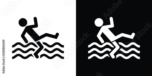 Icon depicting a person falling or diving into water. Minimalist vector illustration suitable for danger warnings, pool safety signs, or water-based recreational activity graphics.