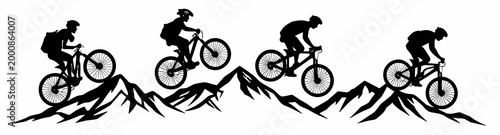 Flat vector silhouette of mountain bikers riding across sharp peaks. Dynamic outdoor sports concept showing cycling adventure endurance and freedom in minimalist black design on transparent background