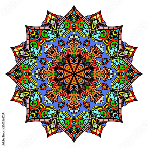 Vibrant mandala with intricate floral patterns, vintage decorative elements. oriental pattern, vector illustration, Islam, Arabic, Indian, Moroccan, Spain, Turkish, Pakistan, Chinese, mystic, ottoman 