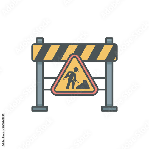 Road construction barrier icon, warning sign and worker symbol, editable EPS vector illustration, traffic safety and maintenance concept