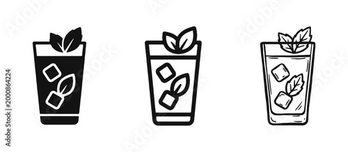 Mojito Cocktail Glass Icons - Refreshing Drink, Summer Beverage, Mint and Ice Symbols