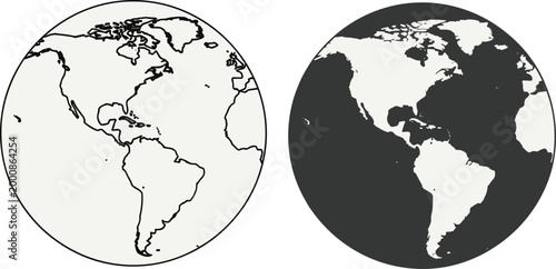 Global world map set featuring outline and solid earth globe illustrations of America, minimalist geography icons for travel and international business