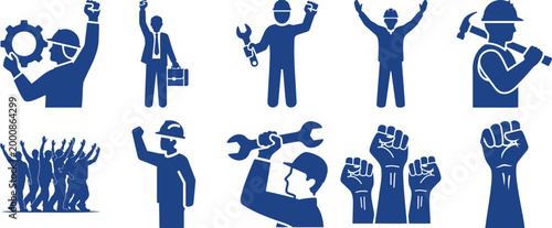 Industrial workers holding tools and raising fists in celebration of labor and empowerment silhouette vector illustration with strength, industry silhouette vector illustration