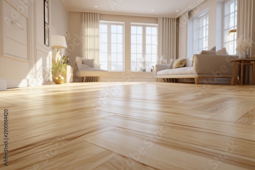 Parquet flooring in natural oak wood tones and herringbone pattern, bright lighting, detailed texture. Wooden floor beautiful chevron patterns, French style living room. Shiny new hardwood floor