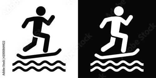 Vector icon showing a person balancing on a surfboard or platform in water. Suitable for water sports, stand-up paddleboarding, or aquatic recreation design projects.