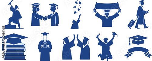 College graduation ceremony silhouettes featuring students jumping throwing caps and academic symbols like books silhouette vector illustration