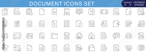 Document icons set collection with file, pdf, checklist, folder, search, approval, report, business office paperwork line symbols minimal outline vector pack editable stroke