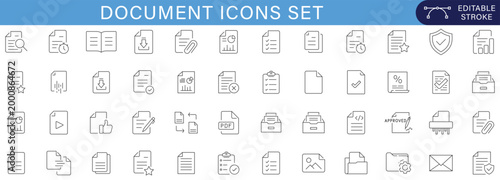 Document icons set collection with file, pdf, checklist, folder, search, approval, report, business office paperwork line symbols minimal outline vector pack editable stroke