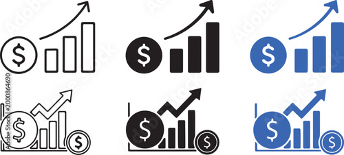 Financial Growth Icon Set – Business Profit Chart and Dollar Symbol Vector Collection in Outline, Solid and Blue Styles