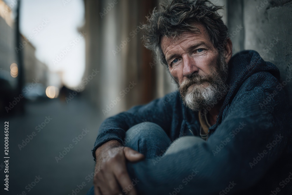 Obraz premium Homeless man sitting on city street sidewalk