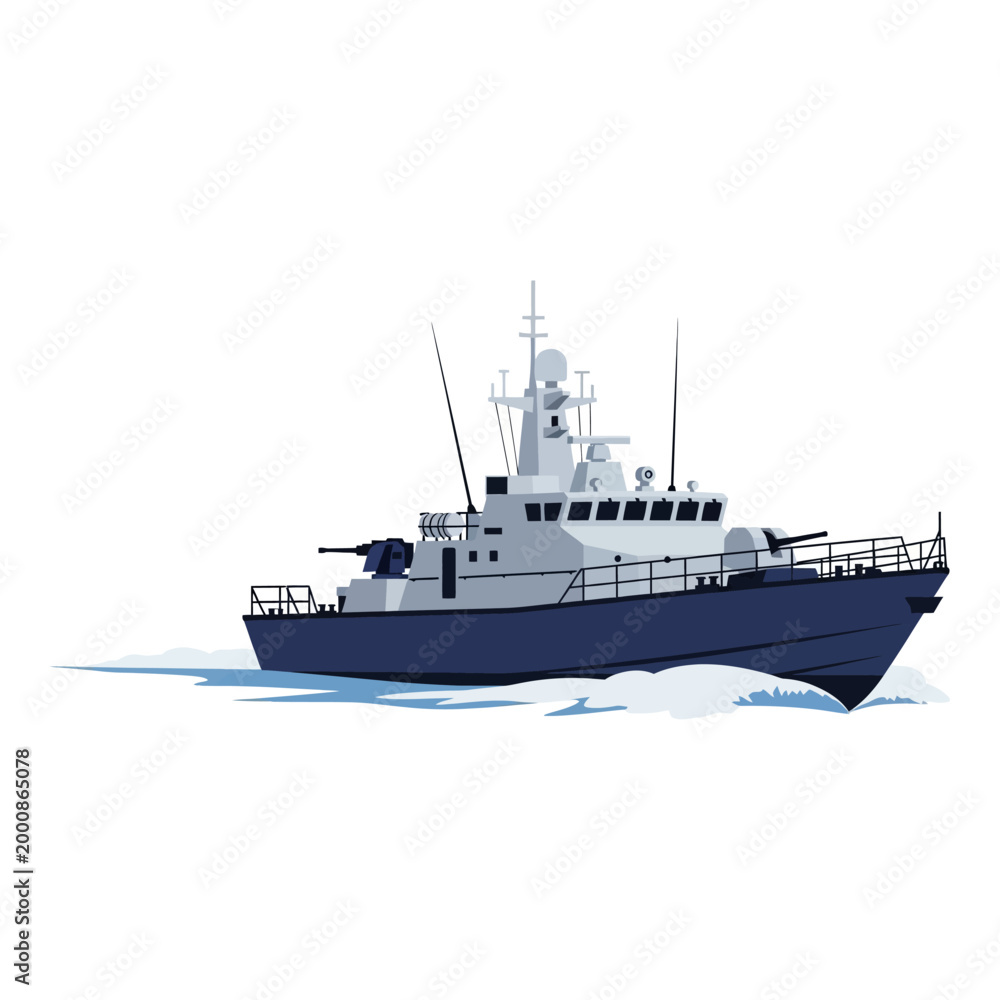Obraz premium Powerful Naval Patrol Boat Vector Illustration Cruising on Blue Ocean Waters, Representing Security and Defense