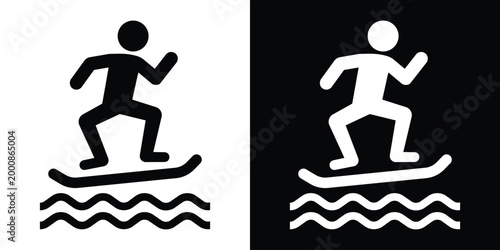 Vector icon showing a person balancing on a surfboard or platform in water. Suitable for water sports, stand-up paddleboarding, or aquatic recreation design projects.