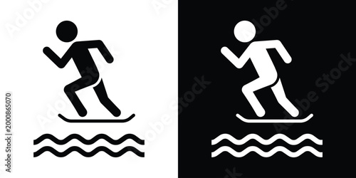 Vector icon showing a person balancing on a surfboard or platform in water. Suitable for water sports, stand-up paddleboarding, or aquatic recreation design projects.