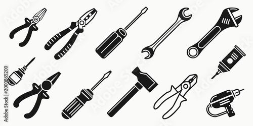 Extensive collection of hardware tool icons including various wrenches screwdrivers gear pliers and ruler with screwdriver hardware construction maintenance workshop industry mechanic equipment