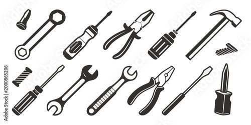Set of industrial hand tool icons featuring wrench screwdrivers pliers hammer and metal shears hardware screwdriver maintenance construction industry workshop mechanic plumbing equipment