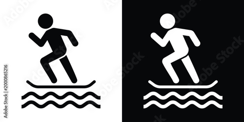 Vector icon showing a person balancing on a surfboard or platform in water. Suitable for water sports, stand-up paddleboarding, or aquatic recreation design projects.