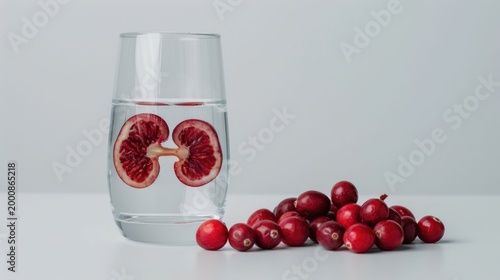 Conceptual representation of urinary system health and potential benefits of cranberries showing a kidney model in a water filled glass alongside a cluster of berries on a white surface