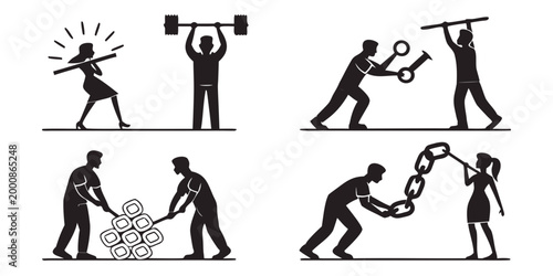 Business team silhouettes collaborating to move and manage large mechanical gears representing industrial progress and unity with silhouette teamwork industrial business collaboration progress