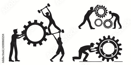 Achievement and support silhouettes showing team planting flag on summit and people providing a helping hand for success with achievement mountain silhouette business teamwork leadership