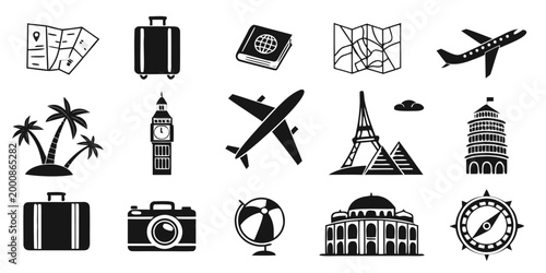 Black and white travel icons set featuring airplanes suitcase compass passport world map camera for tourism and vacation concepts airplane suitcase passport vacation navigation international