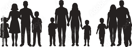 Family Silhouette Collection Featuring Parents and Children Walking Standing Together in Black Vector Parenting Illustration Set