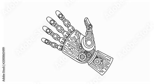Detailed black and white line art illustration of a mechanical robotic hand featuring internal gears and complex circuit patterns against a white background.