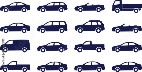 Large Vector Set of Dark Blue Car Silhouettes Including Sedans Convertibles SUVs Pickup Trucks and Vans From Side Profile Views for Automotive Industry Graphics